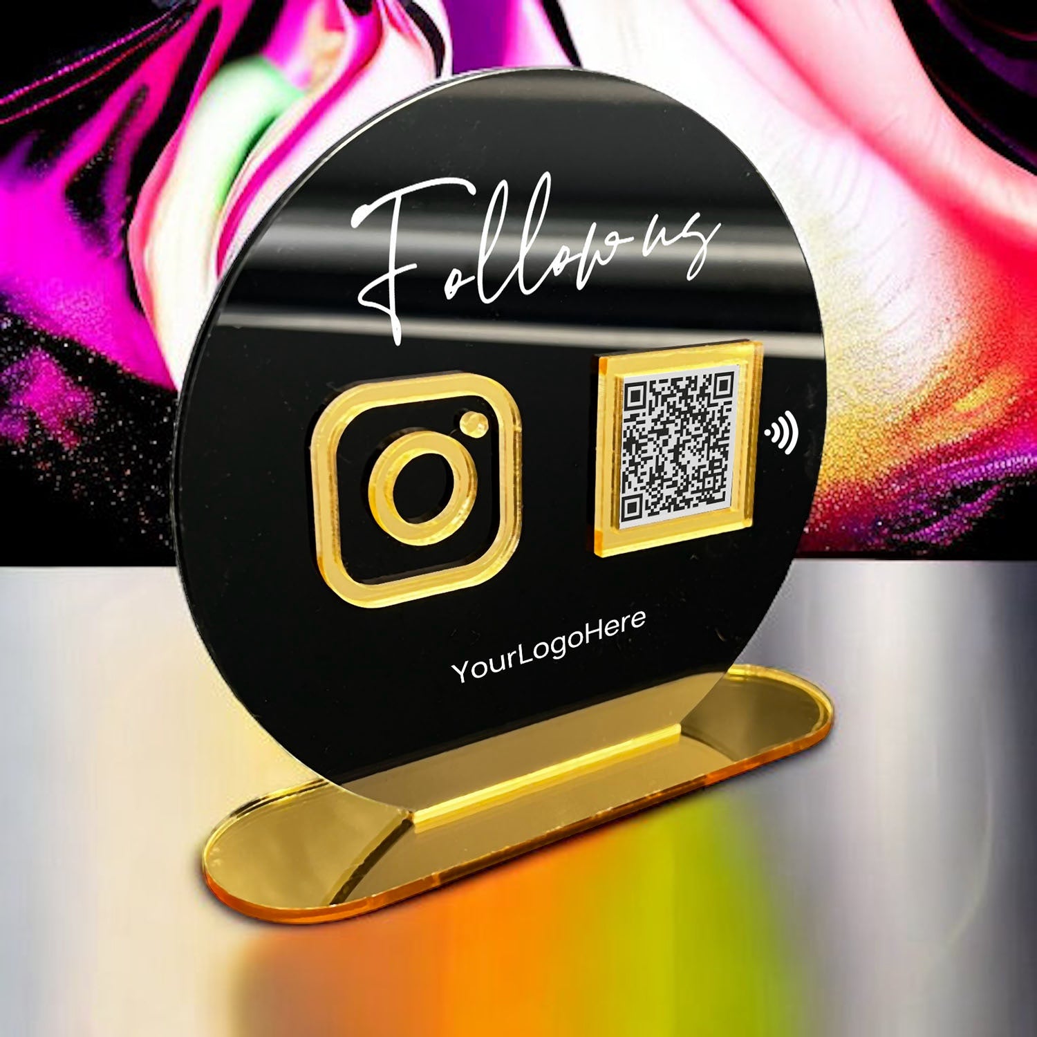 Smart-Tap, Google Review Table Talker με NFC/QR Code, O-Shape με το λογότυπό σας. Μαύρη πλάτη με χρυσά διακοσμητικά