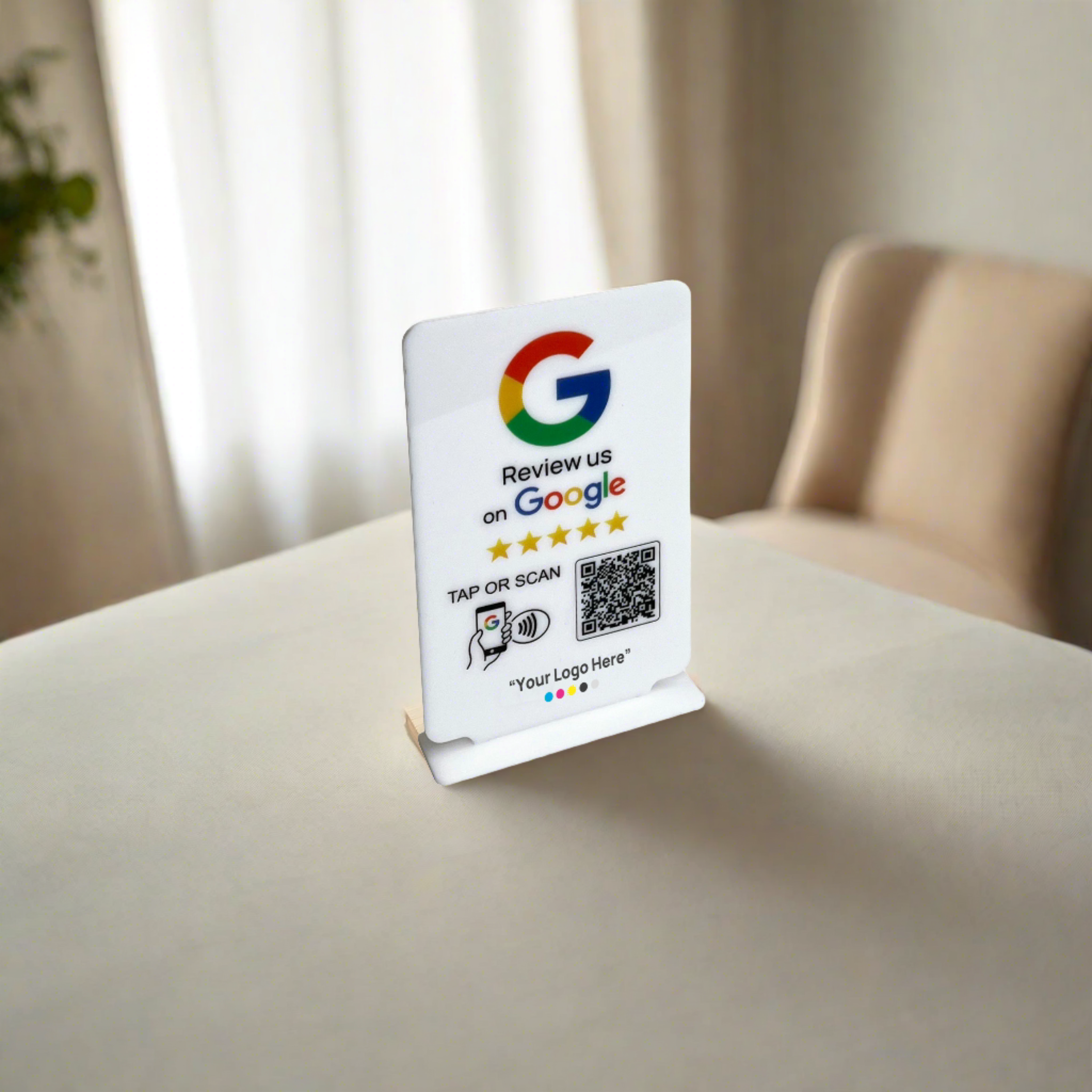 Smart-Tap, Google Review Table Talker με NFC/QR Code, T-Shape με το λογότυπο σας. Άσπρο μικρό