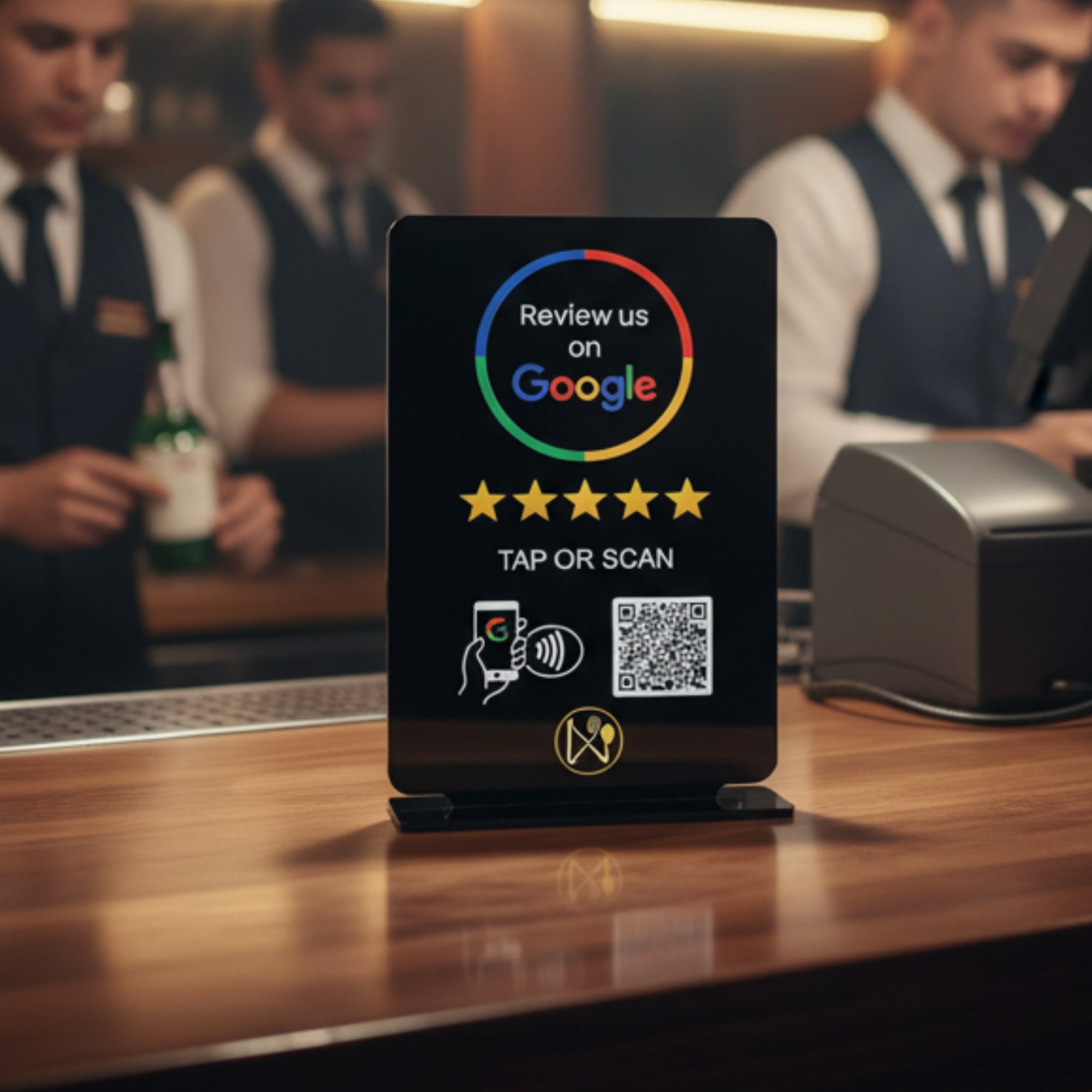 Smart-Tap, Google Review Table Talker με NFC/QR Code, T-Shape με το λογότυπο σας. Μαύρο μεγάλο