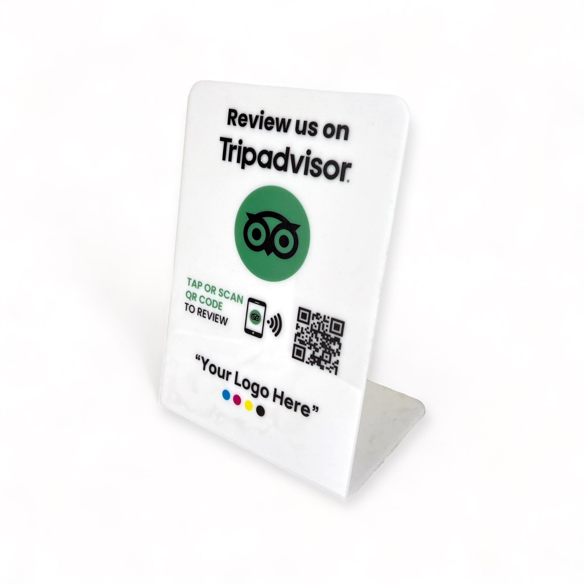 Smart-Tap, Tripadvisor Table Talker με NFC/QR Code, L-Shape με το λογότυπο σας. Μεγάλο, σε άσπρο χρώμα
