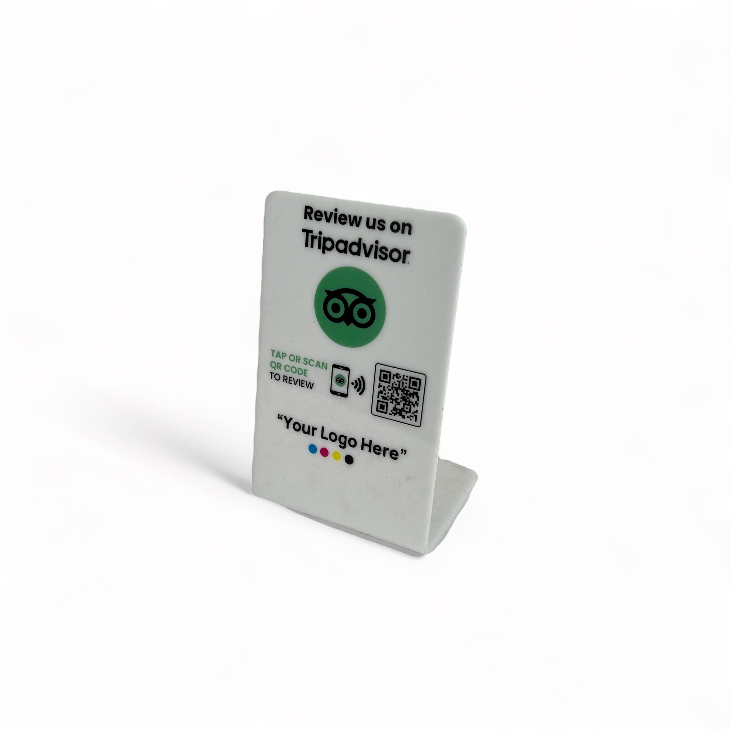 Smart-Tap, Tripadvisor Table Talker με NFC/QR Code, L-Shape με το λογότυπο σας. Μικρό, σε άσπρο χρώμα