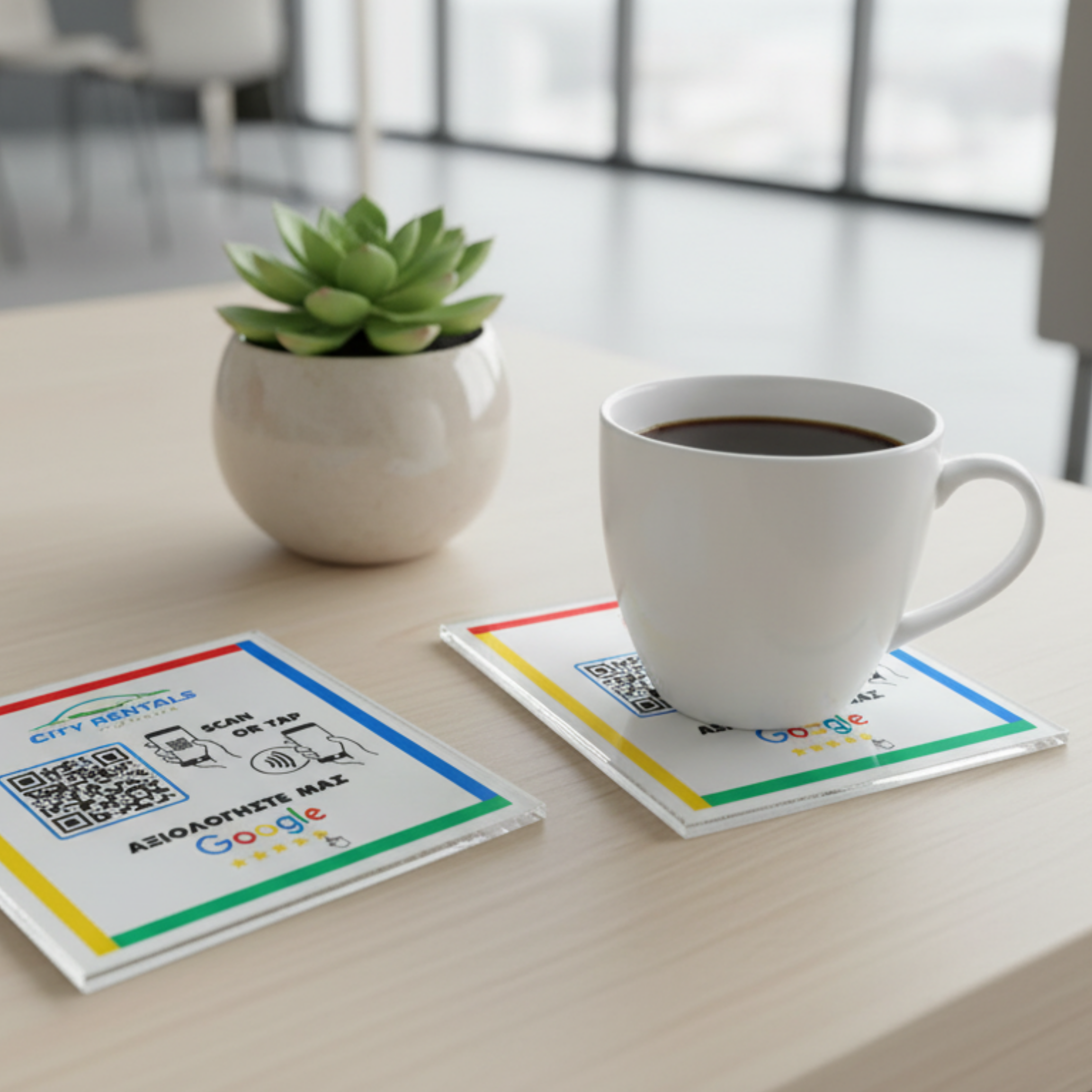 Google Review table Coaster με NFC/QR Code με το λογότυπό σας.
