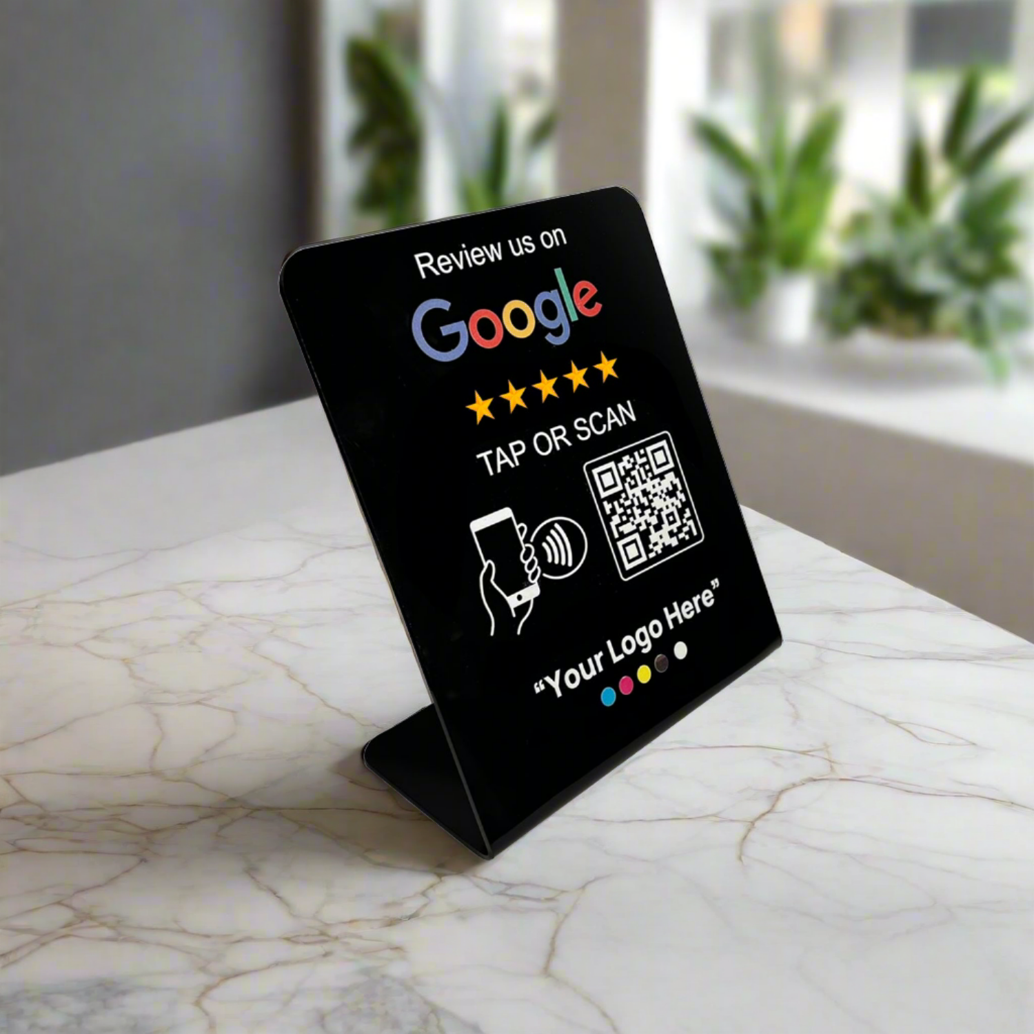 Smart-Tap, Google Review Table Talker με NFC/QR Code L-Shape Black με το λογότυπό σας. Μικρό με έγχρωμη εκτύπωση 