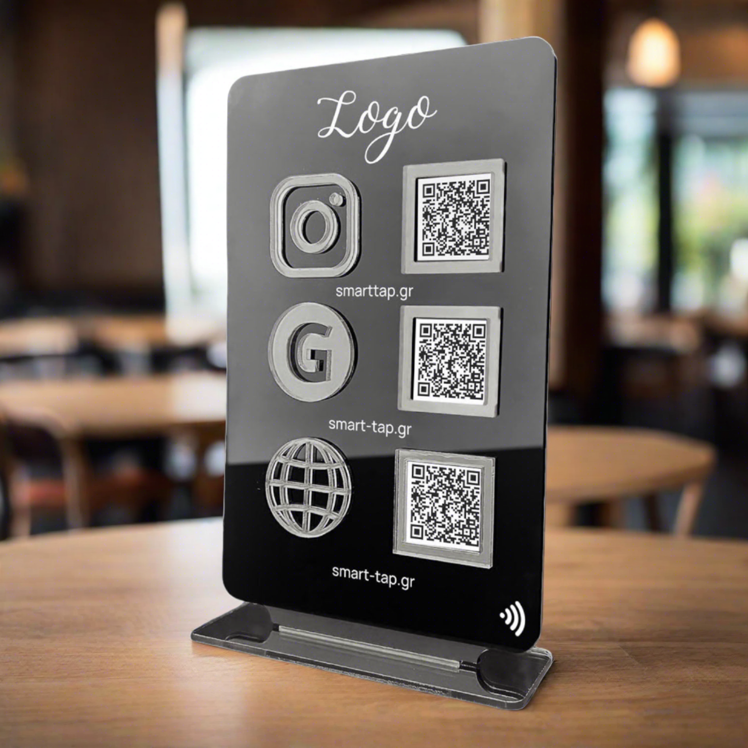 Smart-Tap, Google Review Table Talker 3-Links με NFC/QR Code, T-Shape Big με το λογότυπό σας. Μαύρο με ασημένια διακοσμητικά