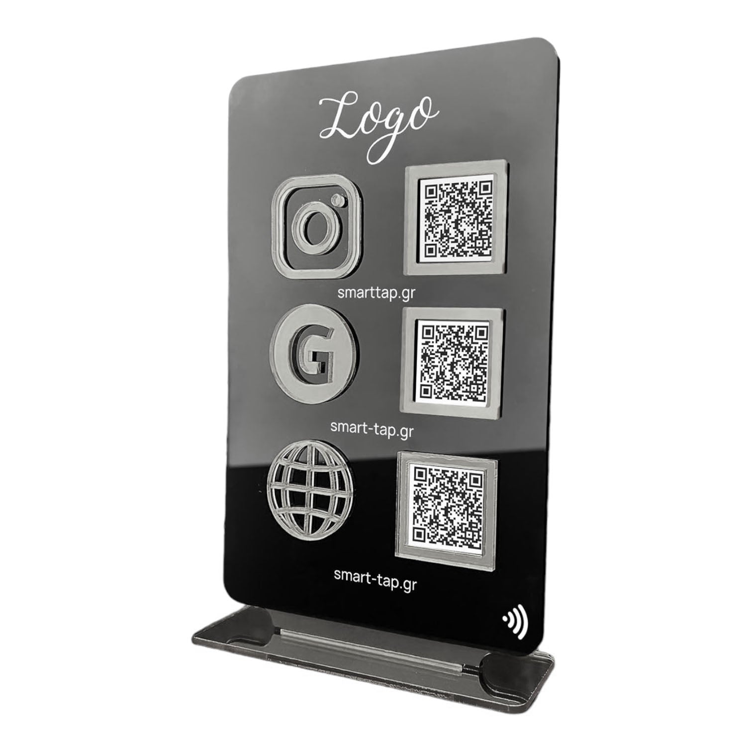 Smart-Tap, Google Review Table Talker 3-Links με NFC/QR Code, T-Shape Big με το λογότυπό σας. Μαύρο με ασημένια διακοσμητικά