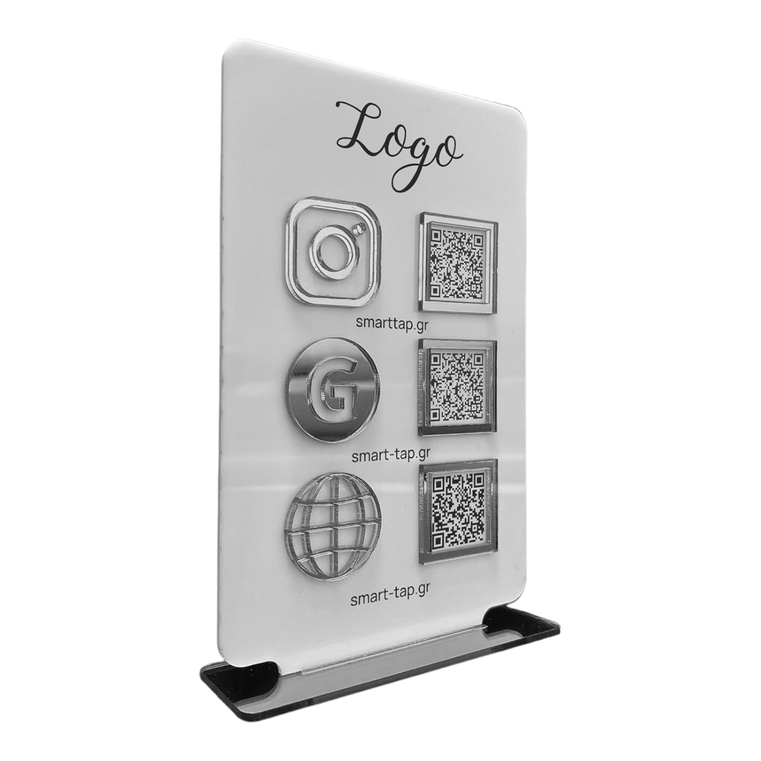 Smart-Tap, Google Review Table Talker 3-Links με NFC/QR Code, T-Shape Big με το λογότυπό σας. Λευκό με ασημένια διακοσμητικά