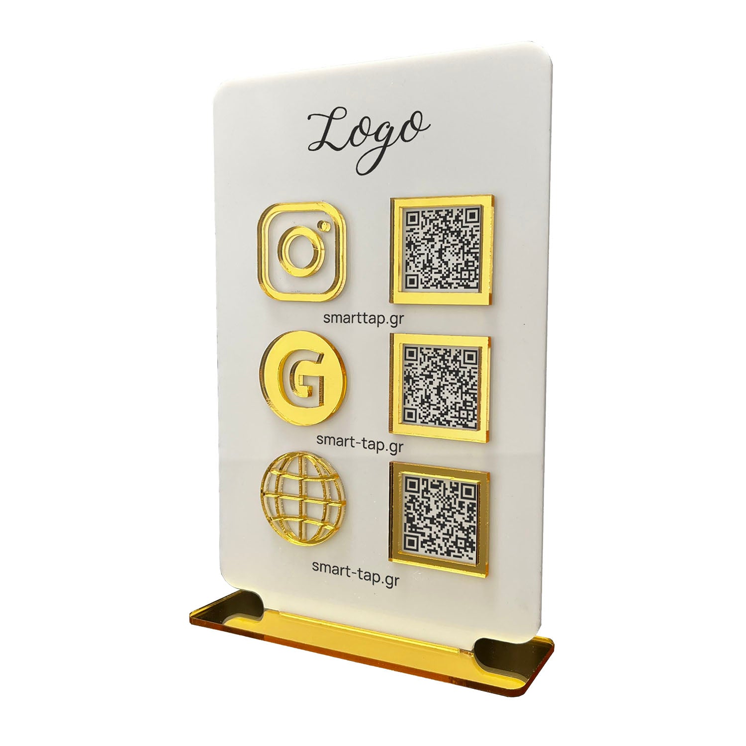 Smart-Tap, Google Review Table Talker 3-Links με NFC/QR Code, T-Shape Big με το λογότυπό σας. Λευκό με χρυσά διακοσμητικά