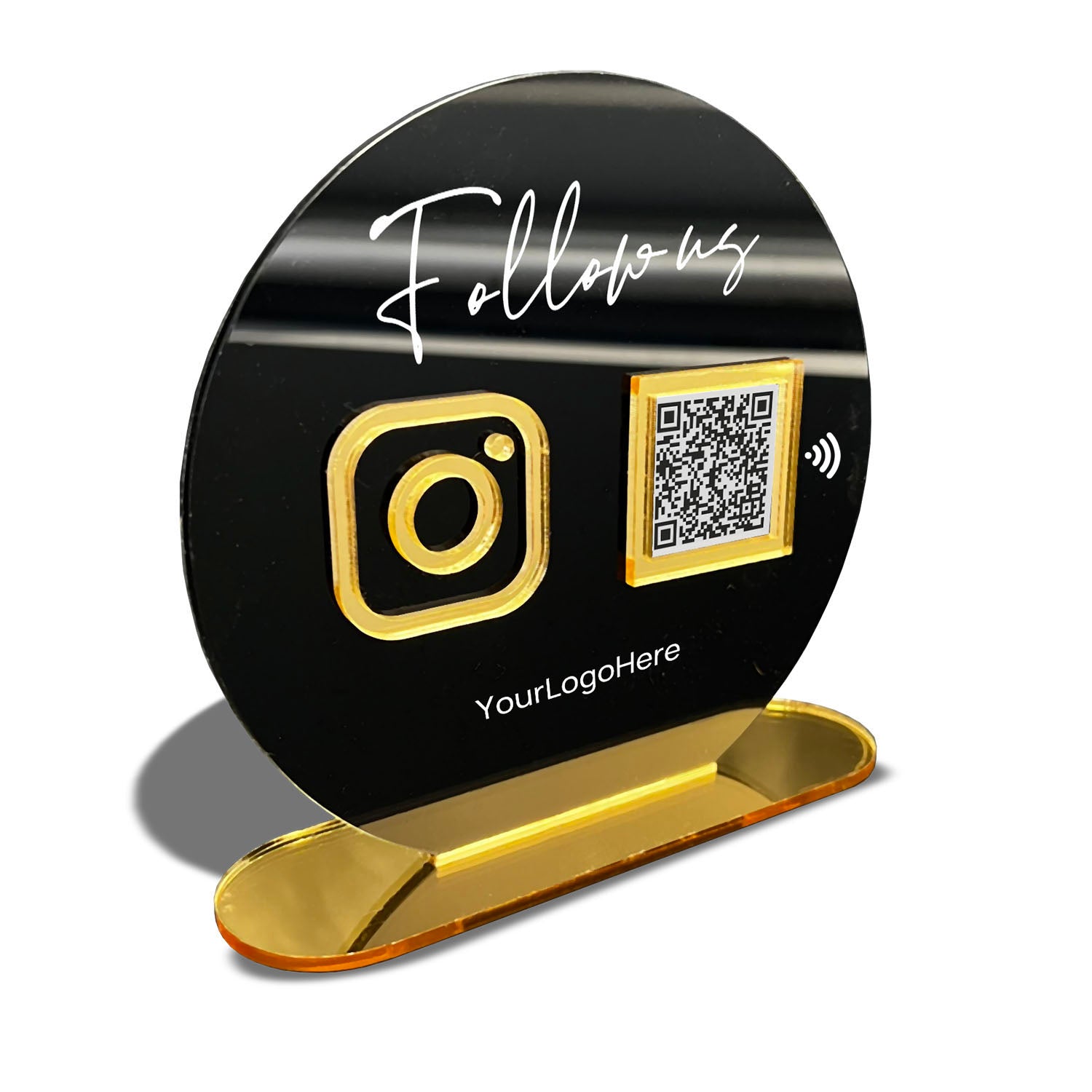 Smart-Tap, Google Review Table Talker με NFC/QR Code, O-Shape με το λογότυπό σας. Μαύρη πλάτη με χρυσά διακοσμητικά