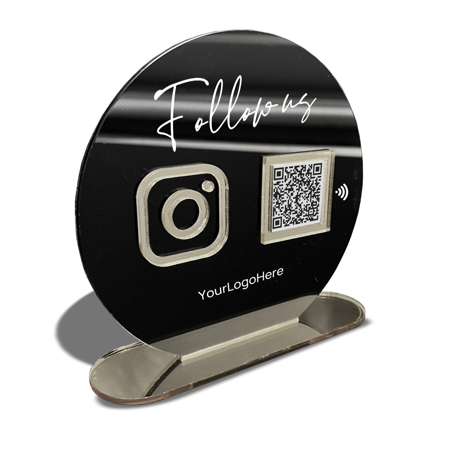Smart-Tap, Google Review Table Talker με NFC/QR Code, O-Shape με το λογότυπό σας. Μαύρη πλάτη με ασημένια  διακοσμητικά