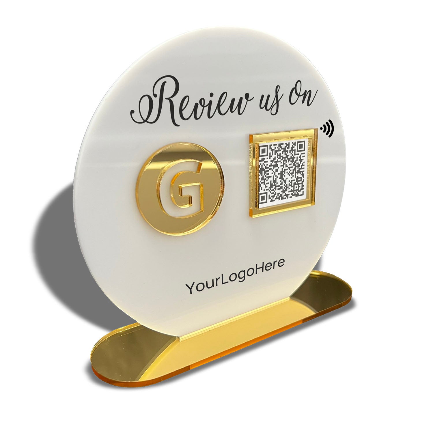 Smart-Tap, Google Review Table Talker με NFC/QR Code, O-Shape με το λογότυπό σας. Άσπρη πλάτη με χρυσά διακοσμητικά
