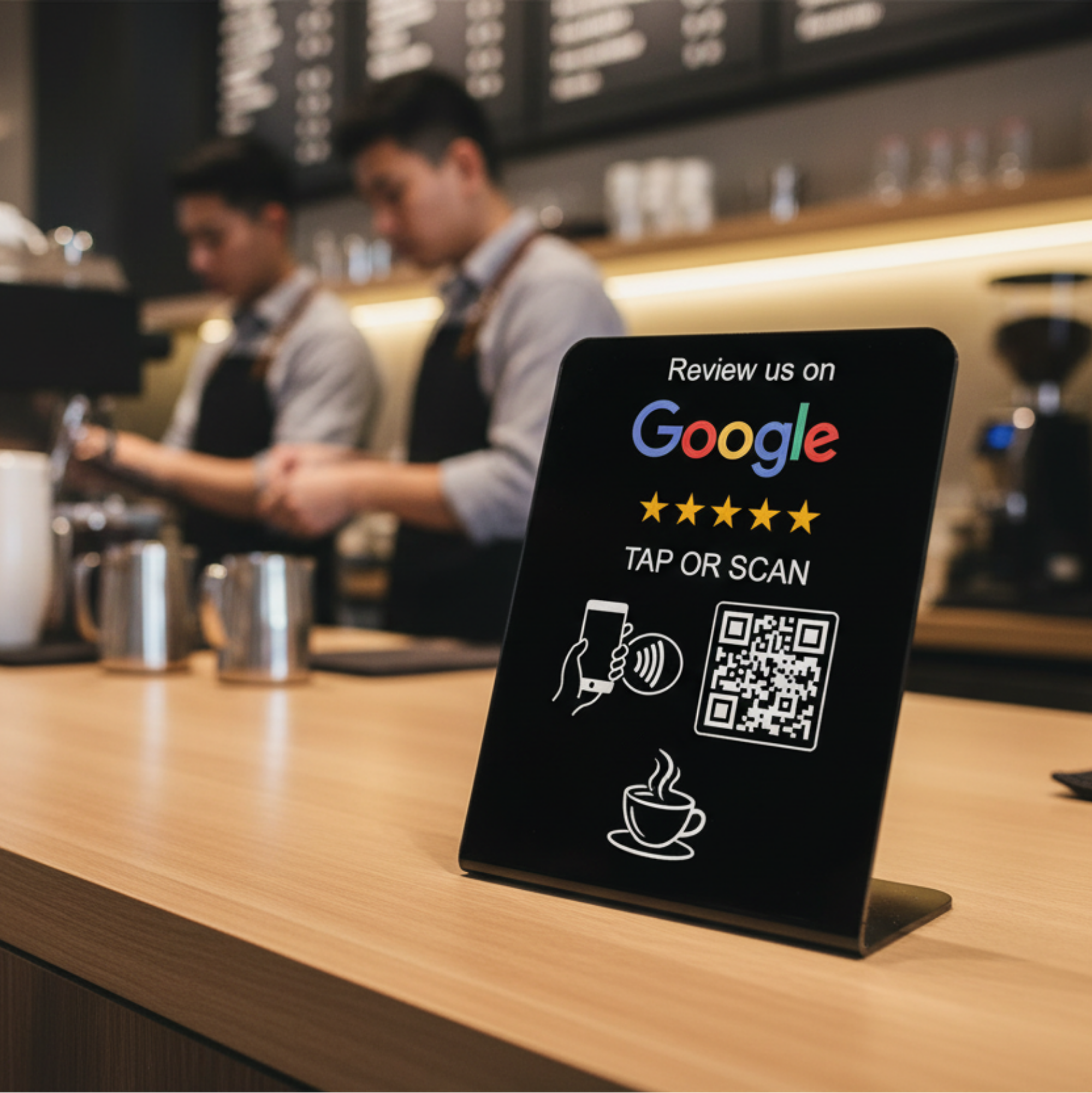 Google Review Table Talker L-Shape Black με το λογότυπό σας.