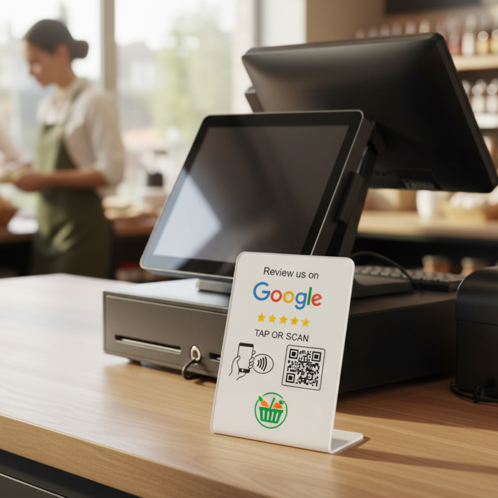 Google Review Table Talker L-Shape White με το λογότυπό σας.